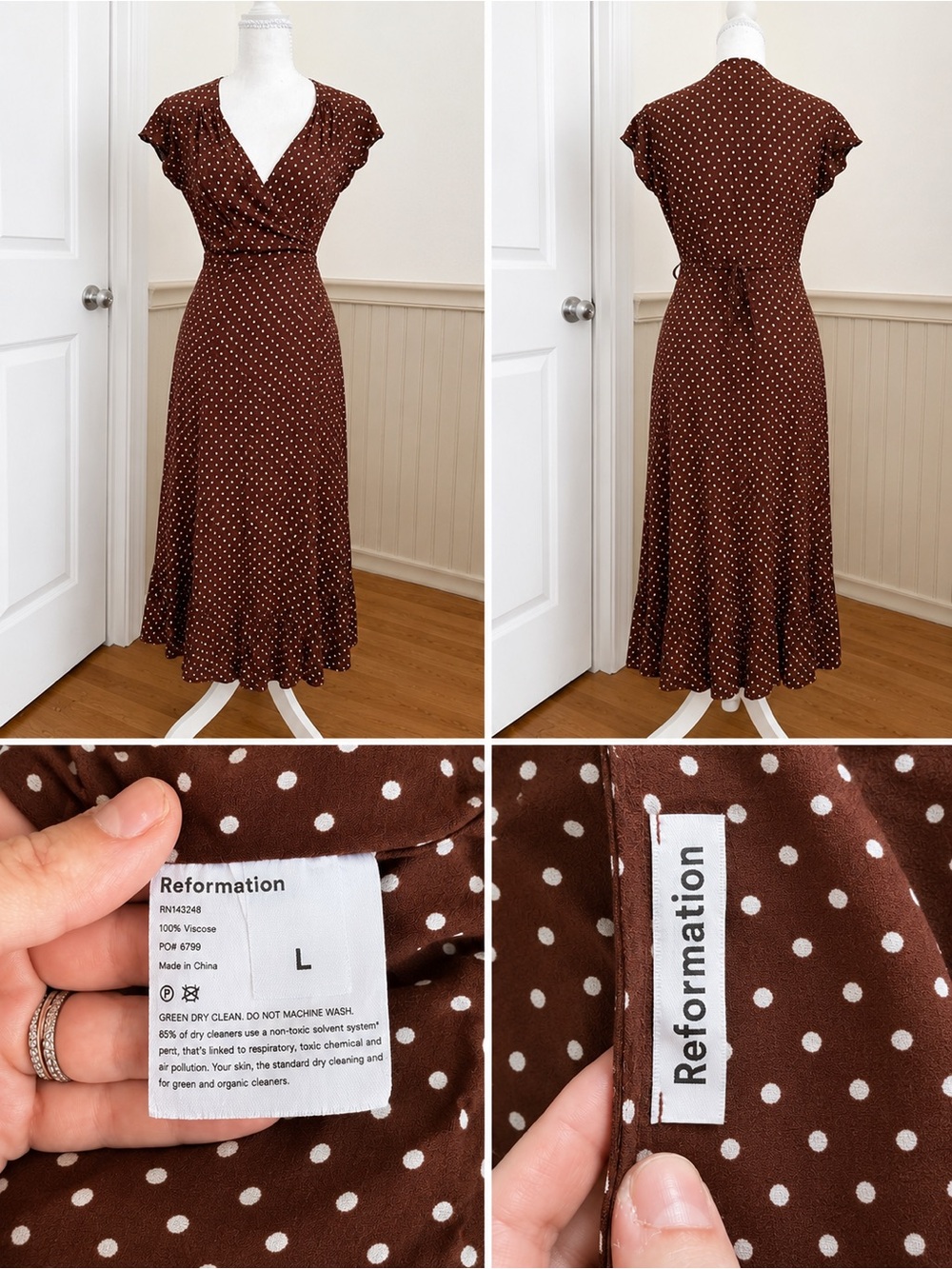 Reformation Brown Polka Dot Wrap Maxi Dress